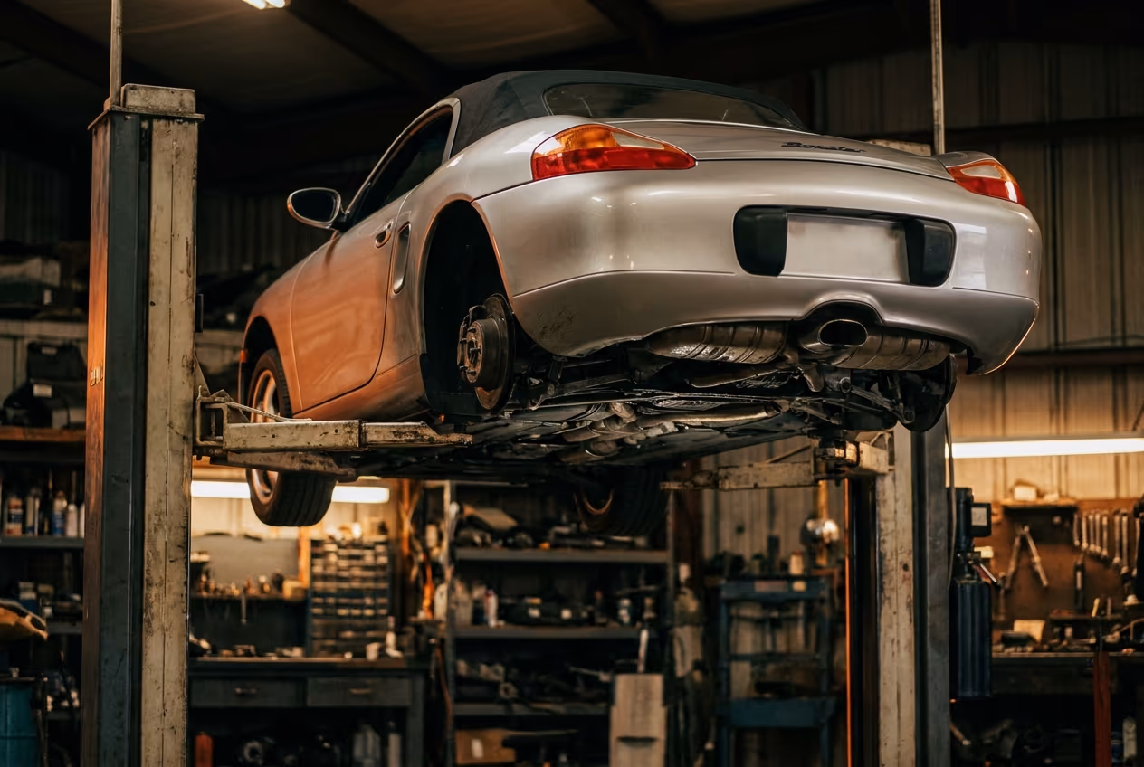 Porsche Boxster 986 auf einer Zweisäulenhebebühne in der Werkstatt