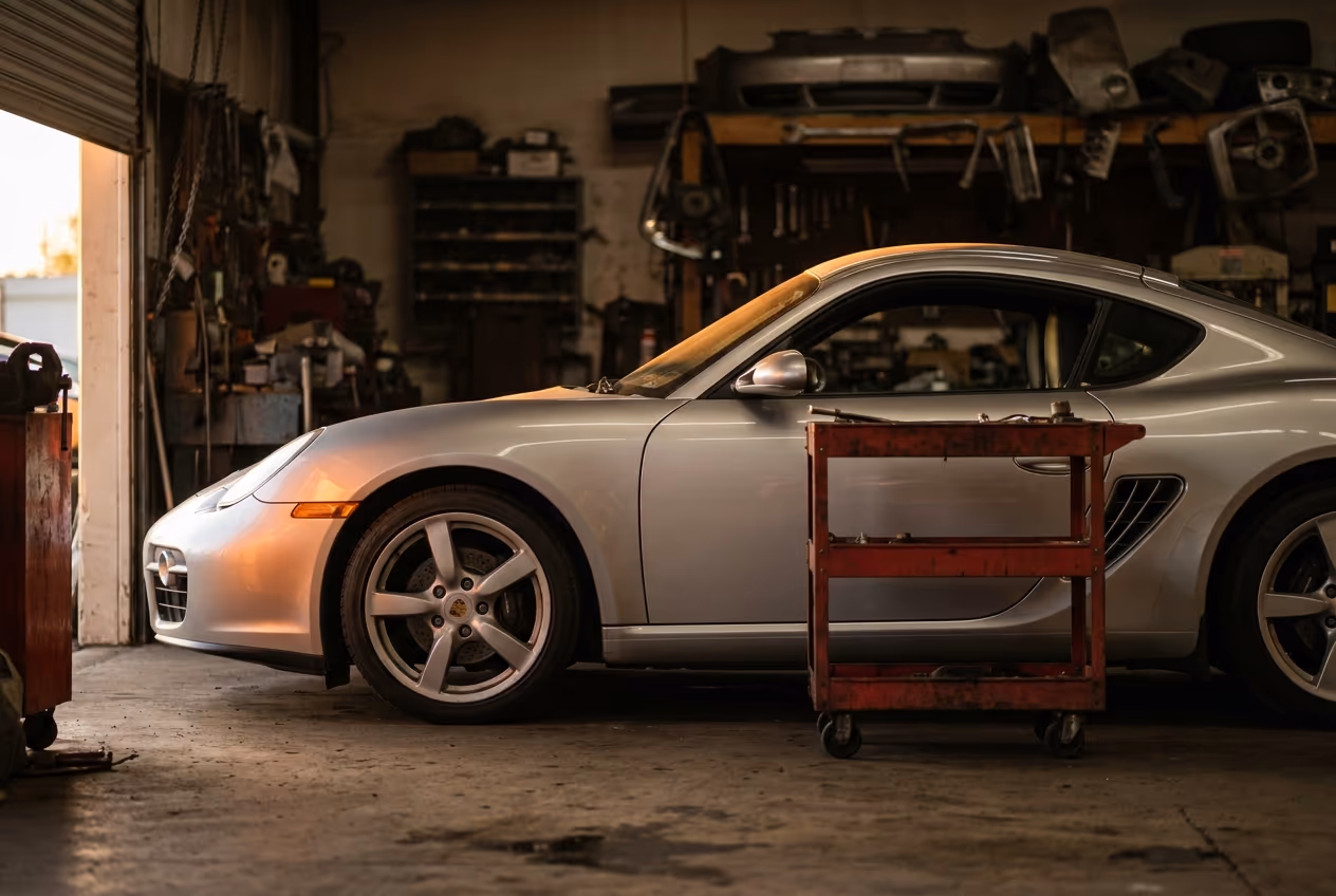 Porsche Cayman 987 im Seitenprofil in einer Werkstatthalle