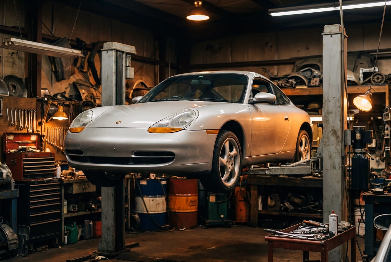 Silberner Porsche 911 der Baureihe 996 auf einer Zweisäulenhebebühne