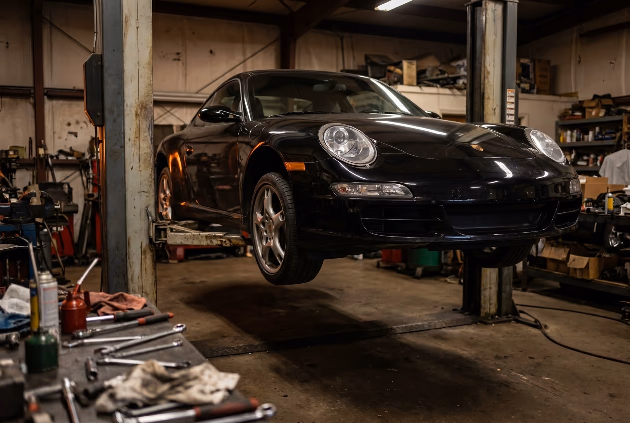Schwarzer Porsche 911 der Baureihe 997 auf einer Zweisäulenhebebühne