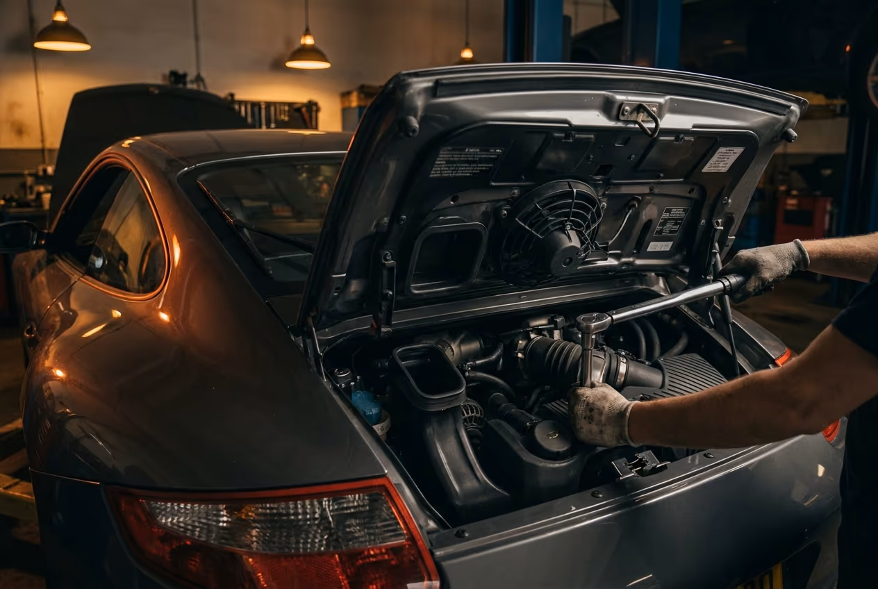 Geöffnete Heckklappe eines Porsche 911 der Baureihe 997 mit Drehmomentschlüssel am Motor