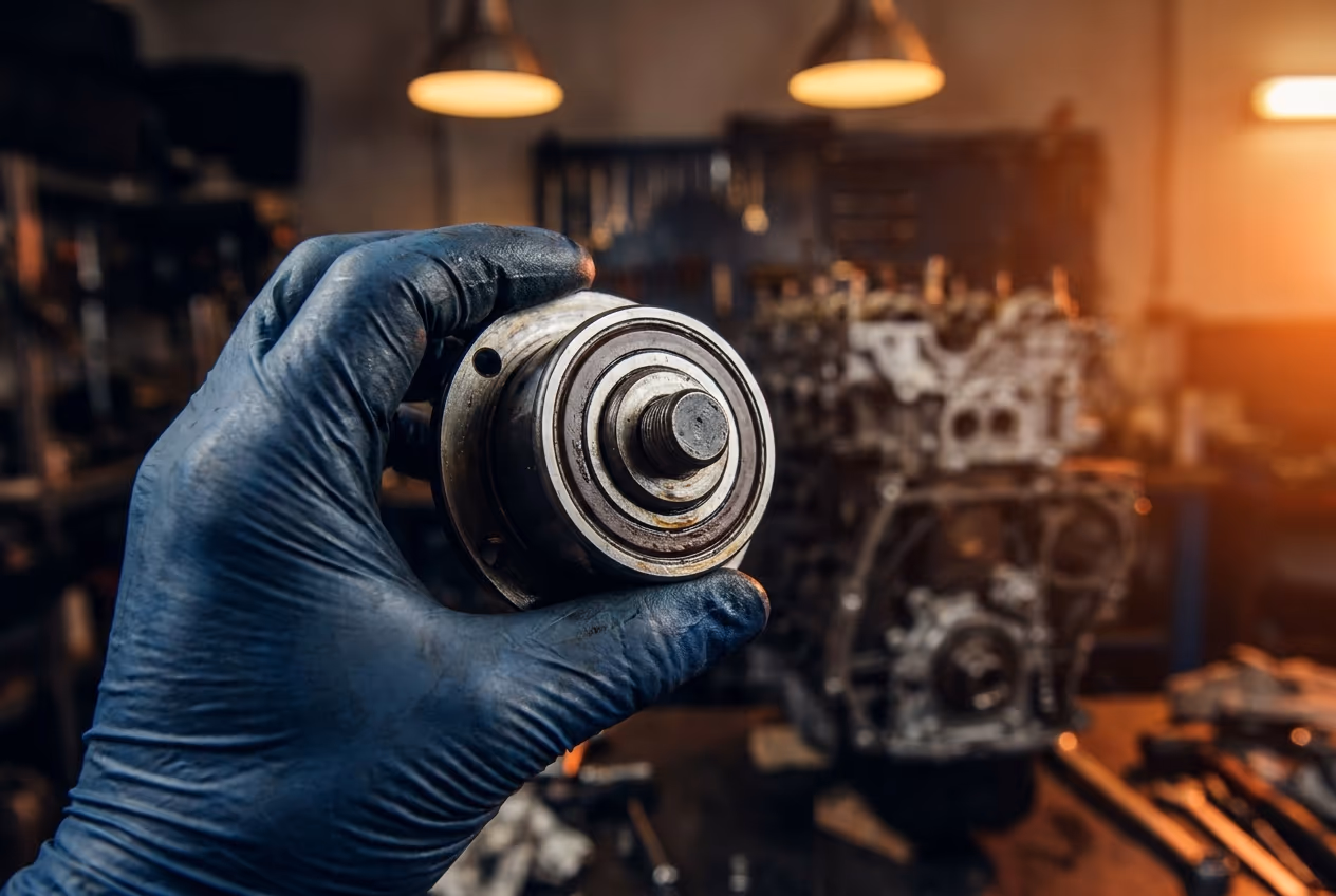 Ausgebautes Wälzlager in behandschuhter Hand vor einem geöffneten Boxermotor