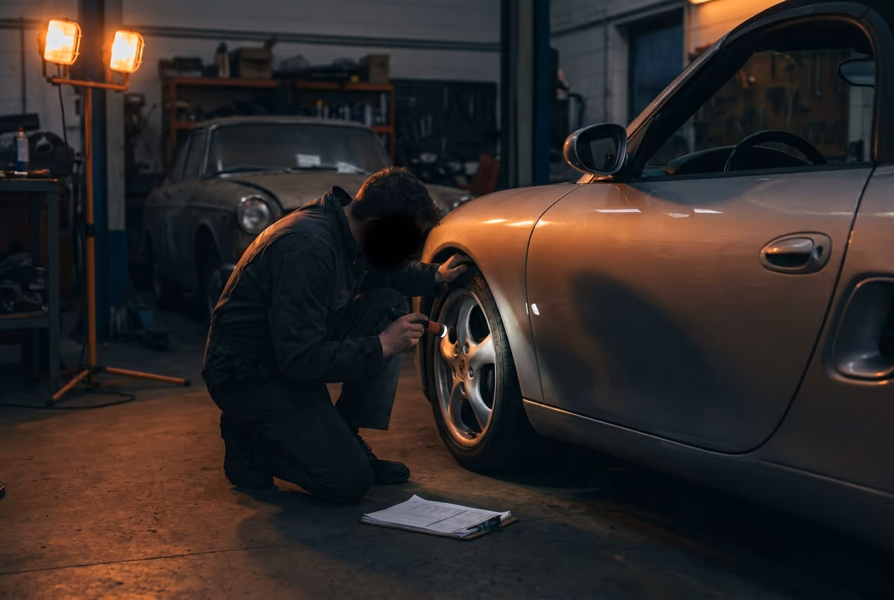 Mechaniker prüft mit Taschenlampe das Radhaus eines Porsche Boxster