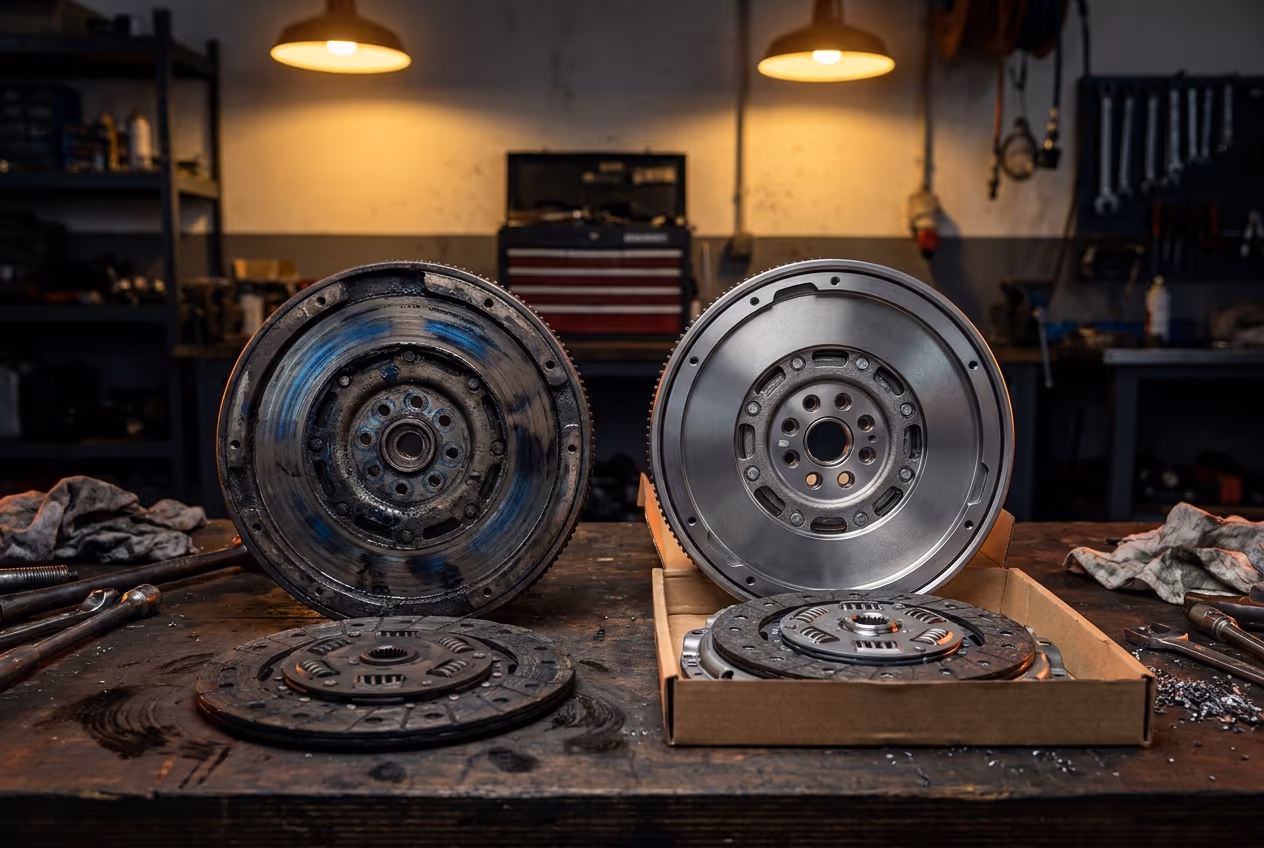 Gebrauchtes und neues Zweimassenschwungrad mit Kupplungsscheiben auf einer Werkbank