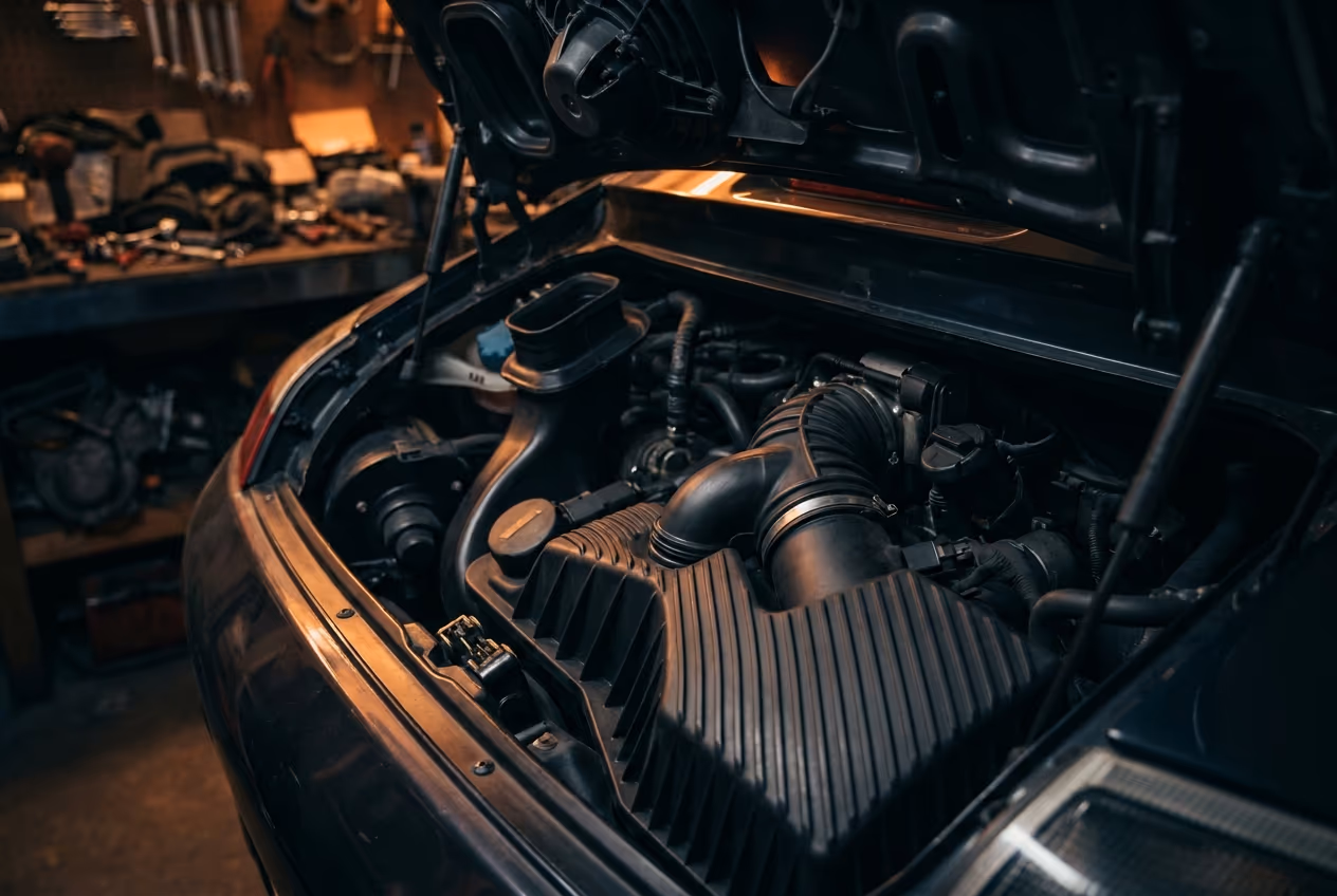 Geöffneter Motorraum eines Porsche 911 der Baureihe 996 mit Luftfilterkasten