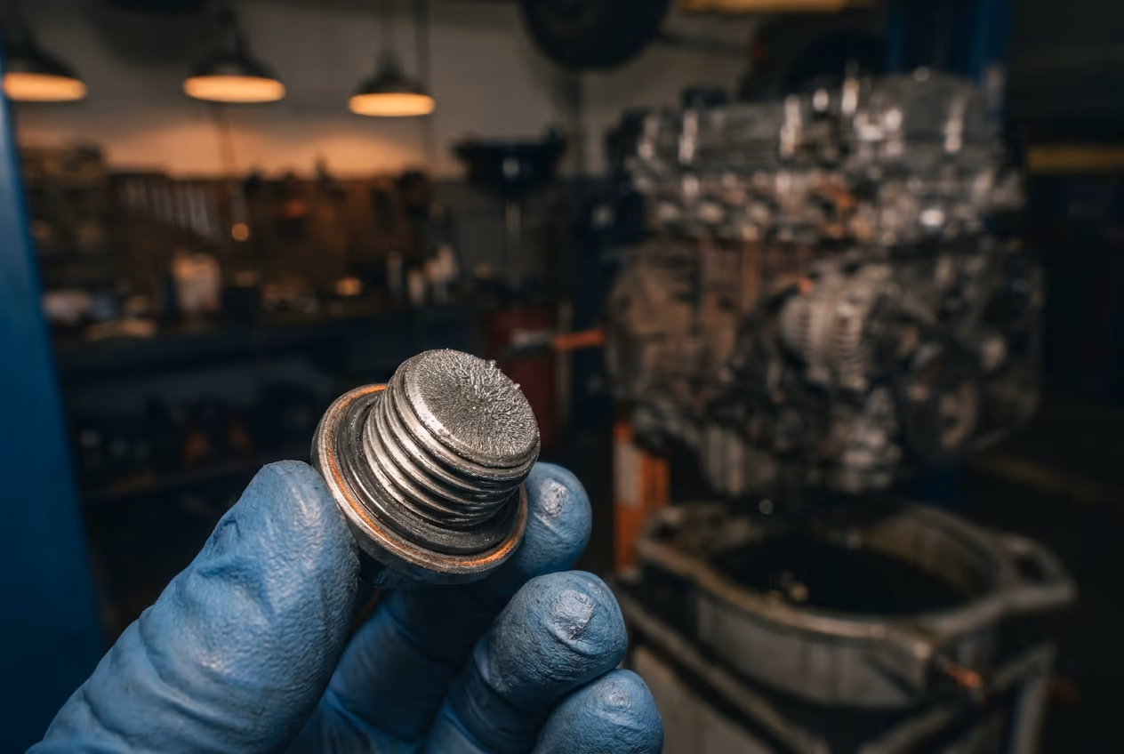 Magnet-Ölablassschraube mit feinem Metallabrieb in behandschuhter Hand
