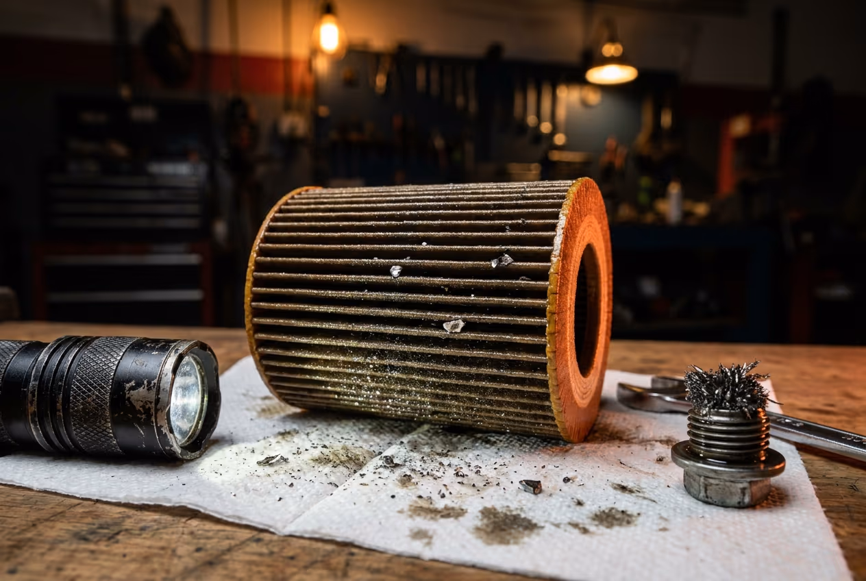 Aufgeschnittener Ölfiltereinsatz mit Metallabrieb auf einem Werkstatttuch